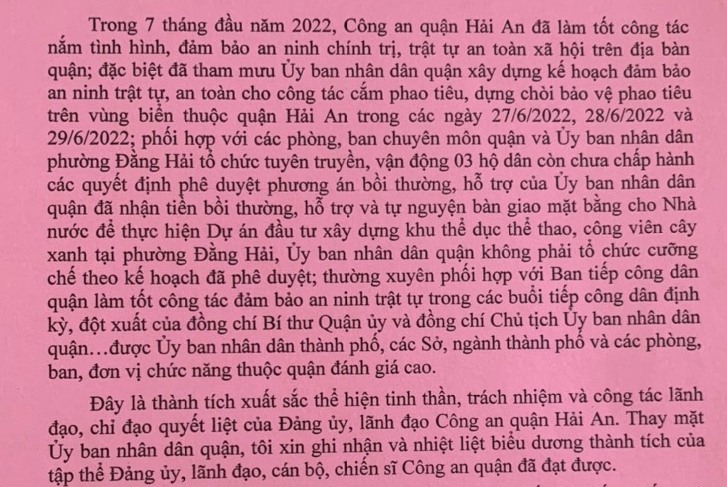 UBND quận Hải An gửi thư khen Công an quận Hải An
